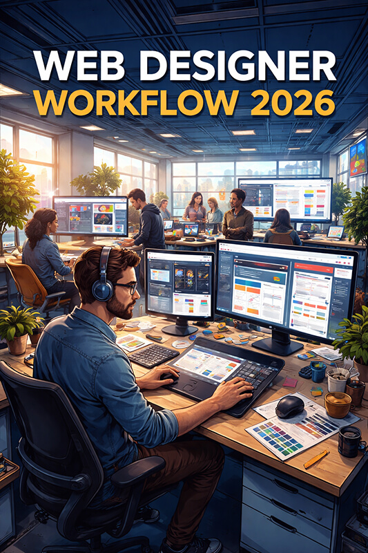 A modern web designer workflow showing research, wireframes, UI design, prototyping, and handoff